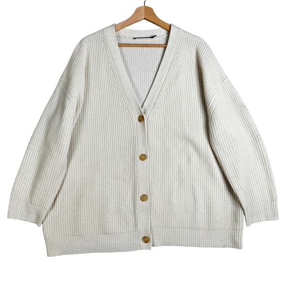 Jenni Kayne Everyday Cocoon Cardigan Ivory 100% Cashmere Ribbed Knit Sweater M